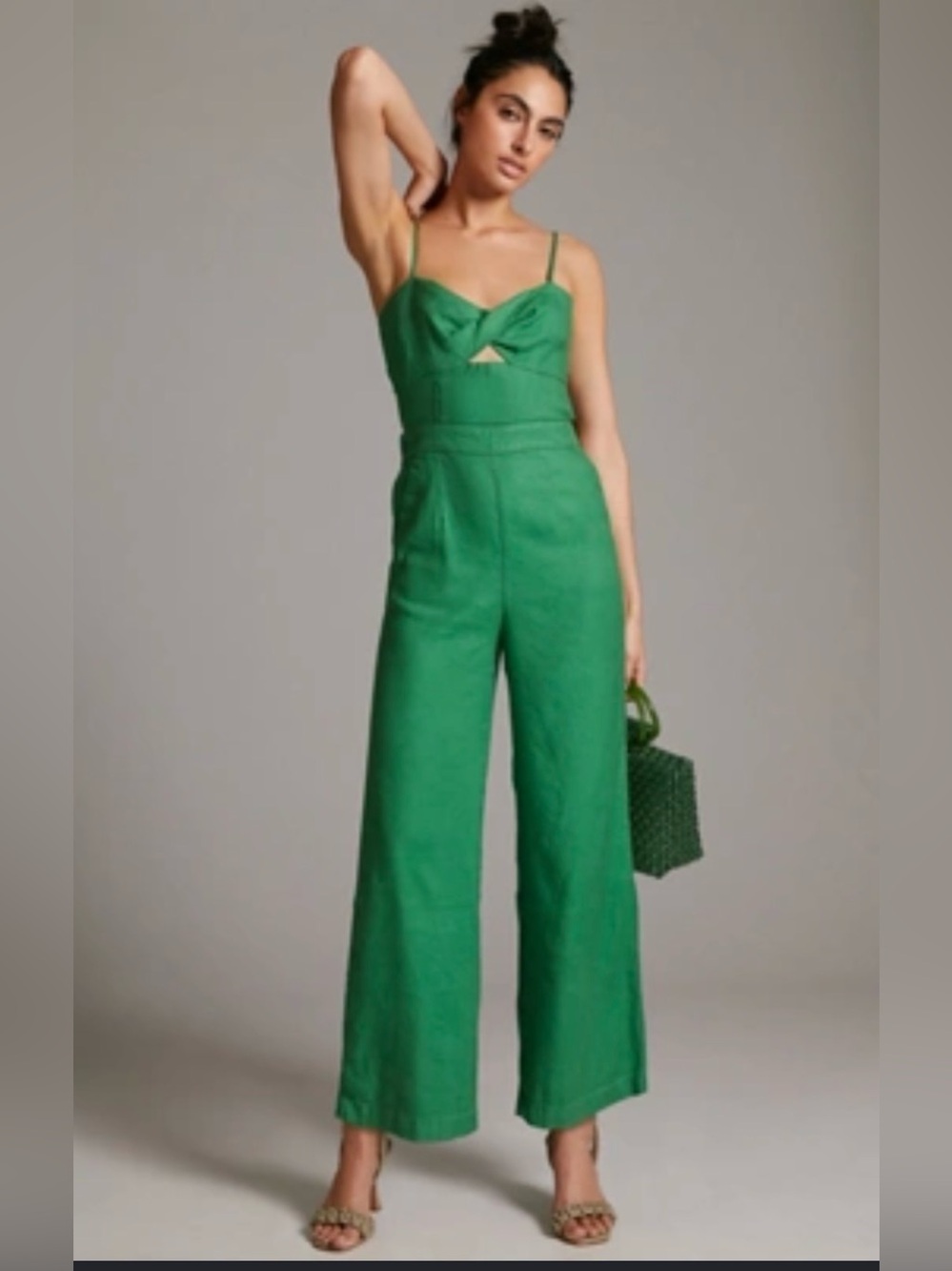 💚 Anthropologie Maeve Cutout Linen Jumpsuit | Green | Size 8